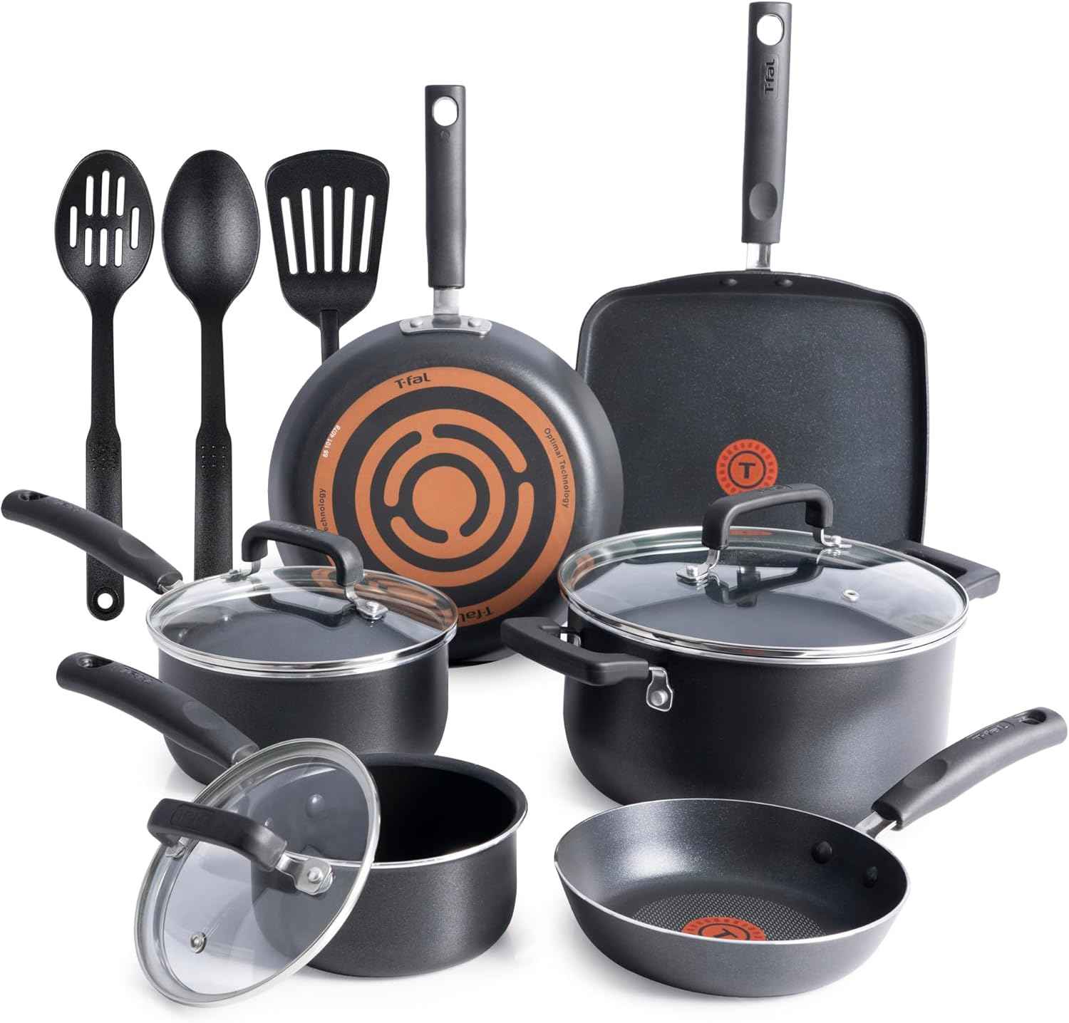 T-fal Signature Nonstick Cookware Set, 12 Piece, Oven Safe, Black, Dishwasher Safe, Kitchen Cooking Set