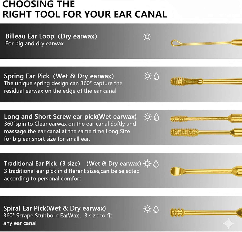 hion 6 pc extended ear wax removal kit with 316l stainless steel curette and cleaning brush for kid adult gold
