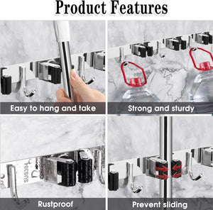 AceMining 5 Racks and 4 Hooks Mop and Broom Holder Wall Mount, Broom Organizer Storage Tool Racks Stainless Steel Heavy Duty Hooks Self Adhesive Solid Non-slip for Home Kitchen Garden Laundry Garage