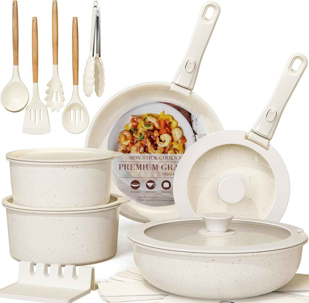 Astercook Ceramic Non-stick Cookware 21 Pcs Pots and Pans Set, Detachable Handle, RV Kitchen Non Stick Cooking Set Removable Handles, Oven Safe, Induction Ready, Stackable, Cream White