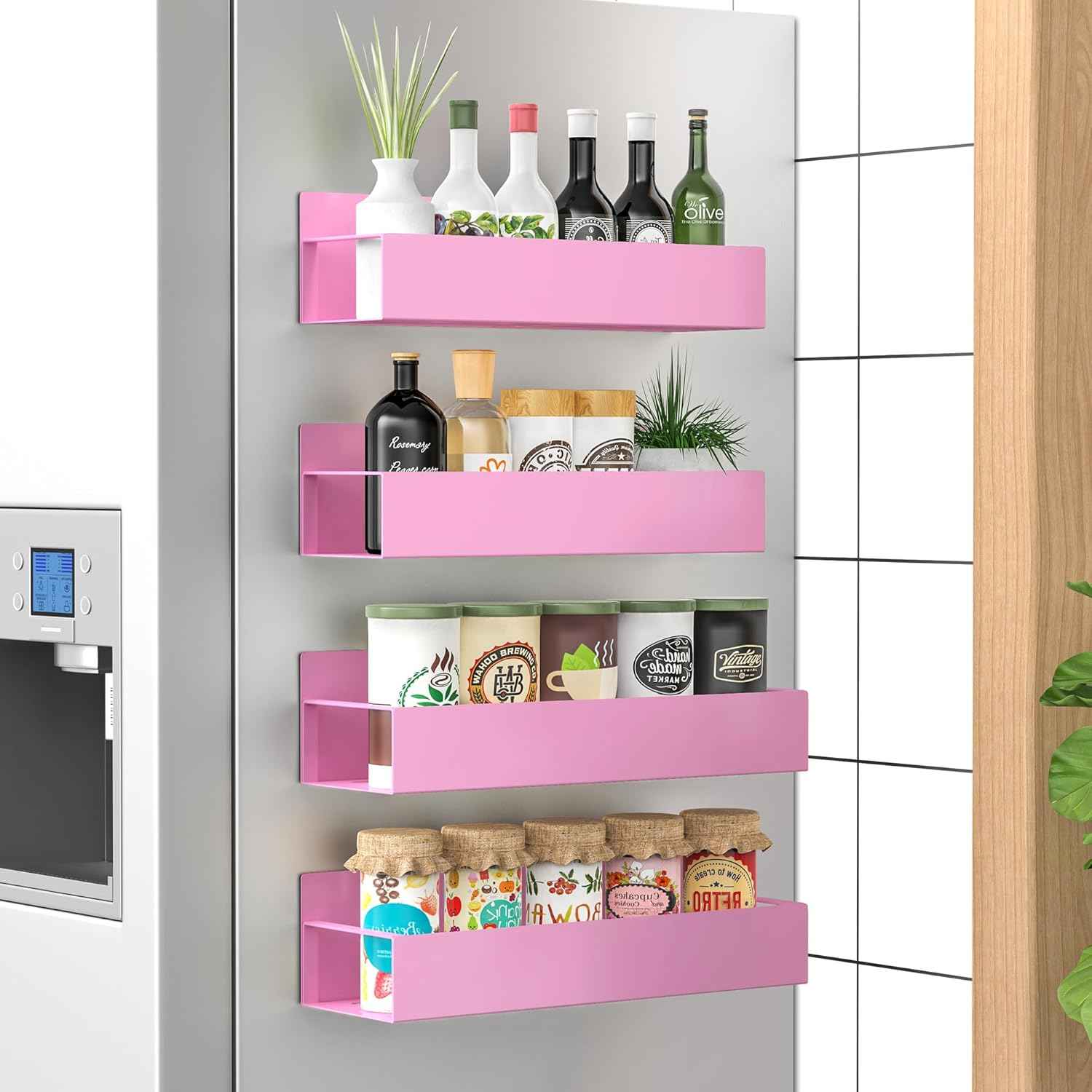 Metal 4 Pack Magnetic Spice Storage Rack Organizer for Refrigerator and Oven, Black Fridge Organizers and Storage