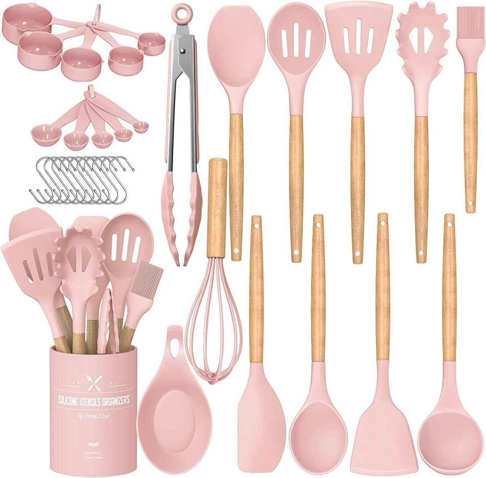 Umite Chef Kitchen Cooking Utensils Set, 33 pcs Non-Stick Silicone Cooking Kitchen Utensils Spatula Set with Holder, Wooden Handle Silicone Kitchen Gadgets Utensil Set (Khaki)