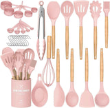 Umite Chef Kitchen Cooking Utensils Set, 33 pcs Non-Stick Silicone Cooking Kitchen Utensils Spatula Set with Holder, Wooden Handle Silicone Kitchen Gadgets Utensil Set (Khaki)