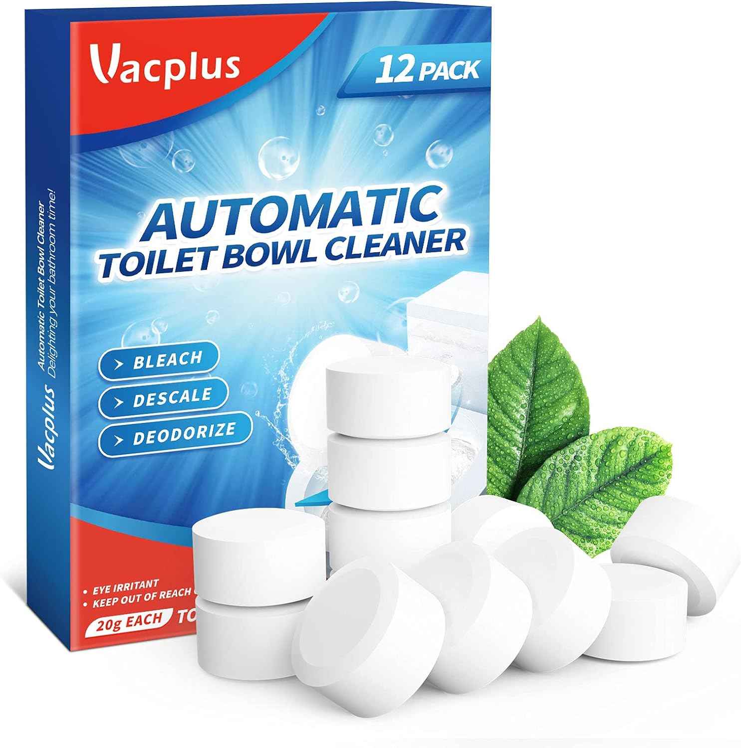 Vacplus Automatic Toilet Bowl Cleaner Tablets - 12 Pack, Deodorizing and Descaling Bathroom Cleaner Against Tough Stains