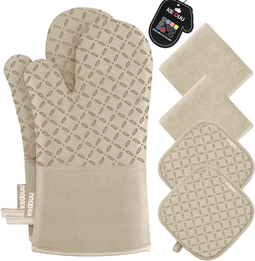 KEGOUU Oven Mitts and Pot Holders 6pcs Set, Kitchen Oven Glove High Heat Resistant 500 Degree Extra Long Oven Mitts and Potholder with Non-Slip Silicone Surface for Cooking (Grey)