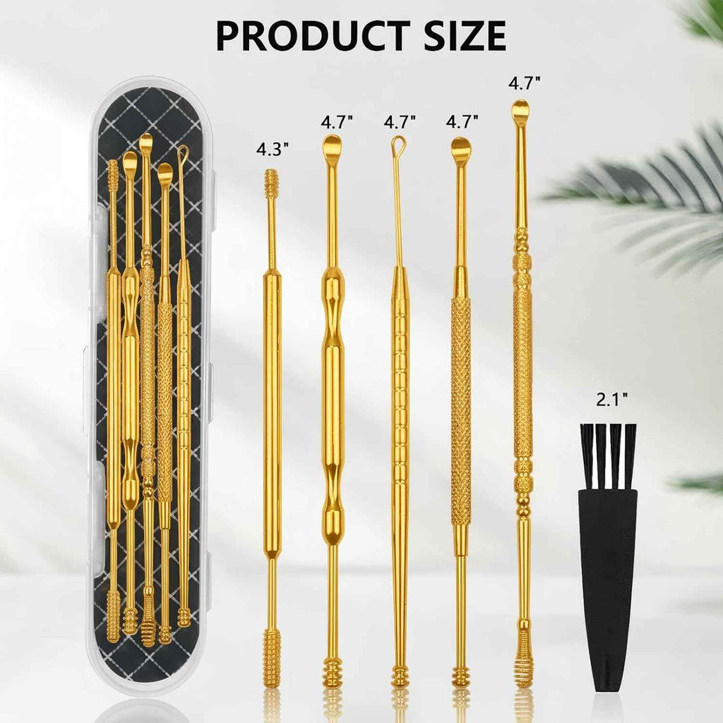 Hion 6 Pcs Extended Ear Wax Removal Kit,Professional Double-Headed Ear Pick Earwax Removal Tools,316L Stainless Steel Ear Cleaner Curette with Cleaning Brush and Storage Box,Suit for Kid Adult(Gold)