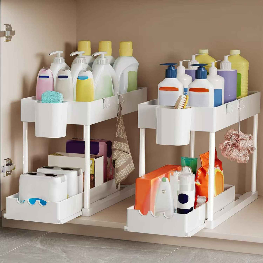 3 Pack Under Sink Organizers and Storage, 2 Tier Bathroom Cabinet Organizer Shelf with Hanging Cups for Kitchen & Bathroom (White)