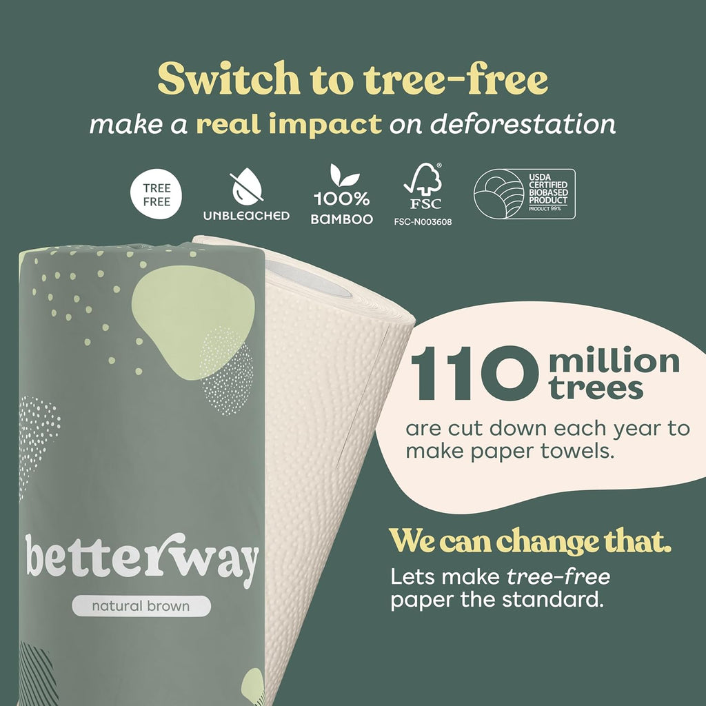 Betterway Bamboo Natural Brown Paper Towels - 8 Rolls, 2 Ply, 110 sheets - Plastic Free, PFAS Free, Disposable Kitchen Paper Towels - Select Size, Tree Free, Compostable, Strong & Absorbent - ShopUS