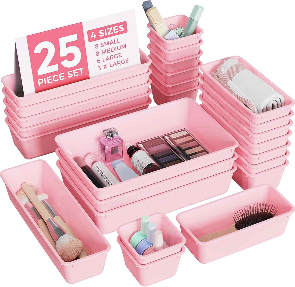25 PCS Plastic Drawer Organizers Set, 4-Sizes Vanity and Makeup Organizer