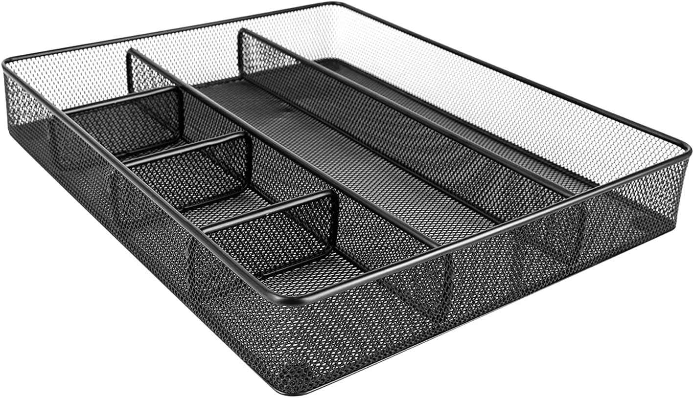 Desk Drawer Organizer - Metal Mesh, Anti-Slip, 6 Compartments, Black