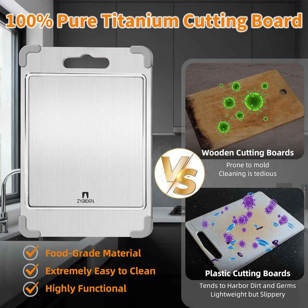 100% Pure Titanium Cutting Board Set with Grooves, Double Sided, Anti-Slip, Kitchen Stainless