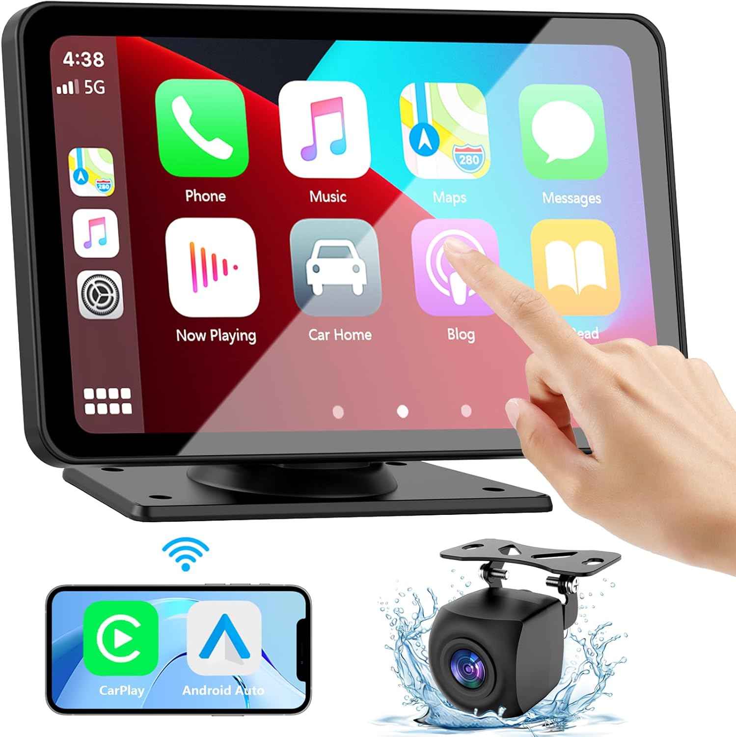 7inch Wireless Portable CarPlay and Android Auto Screen for Cars with GPS Navigation