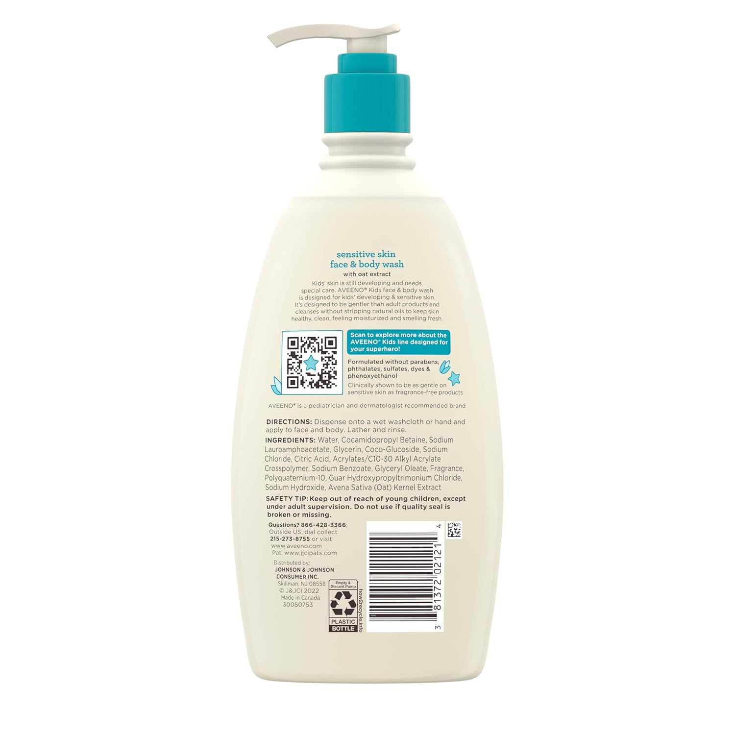 aveeno kids face & body wash for sensitive skin, oat extract, 18 fl oz