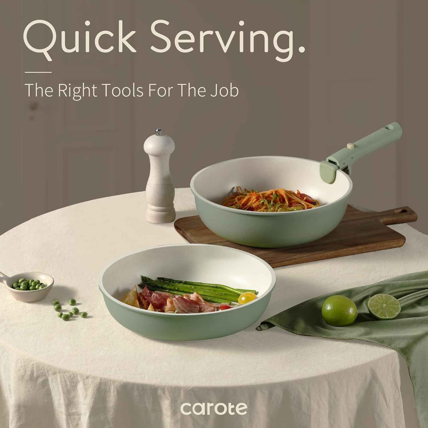 CAROTE Pots and Pans Set, Nonstick Cookware Set Detachable Handle, 19pcs Induction Kitchen Cookware Sets Non Stick with Removable Handle, RV Cookware Set, Oven Safe, Sage Green