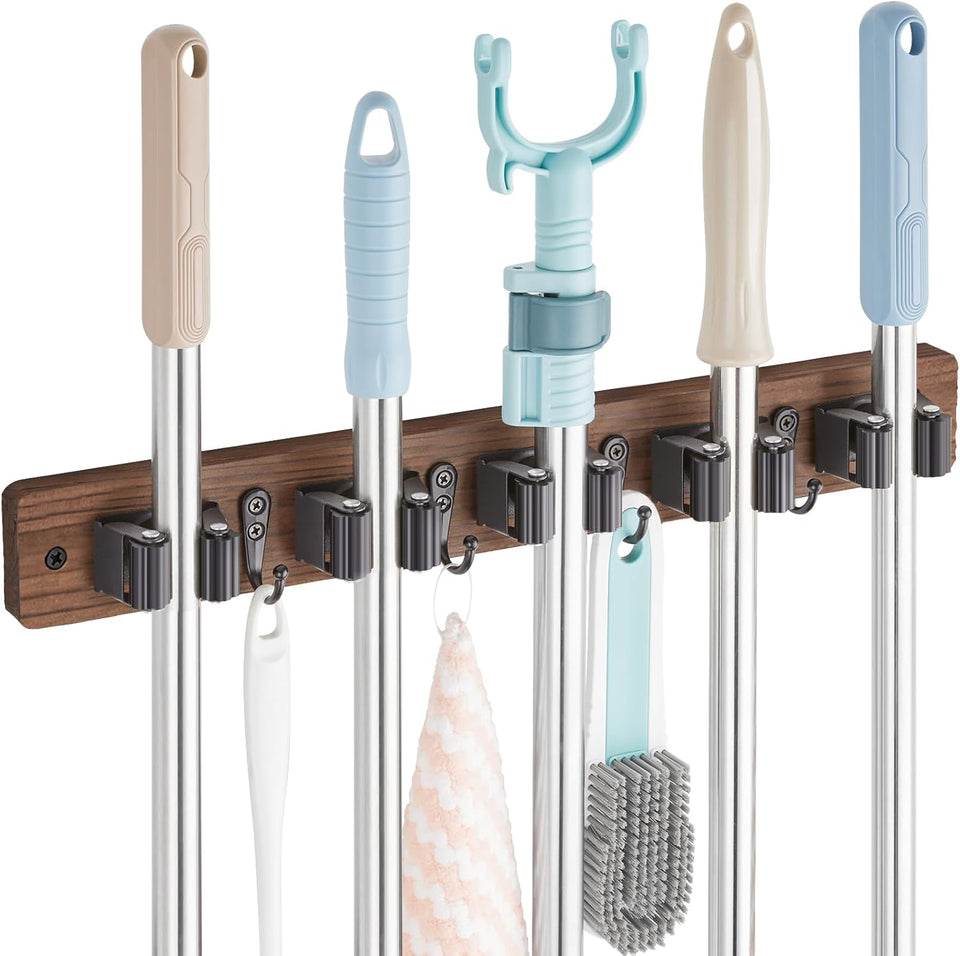 Mop and Broom Holder Wall Mount - Rustic Wood Broom Mop Hanger - Wall Mounted Garden Tool Rack Organizer for Closet Garage Laundry Room Kitchen Decor With 4 Slots & 4 Hooks - ShopUS