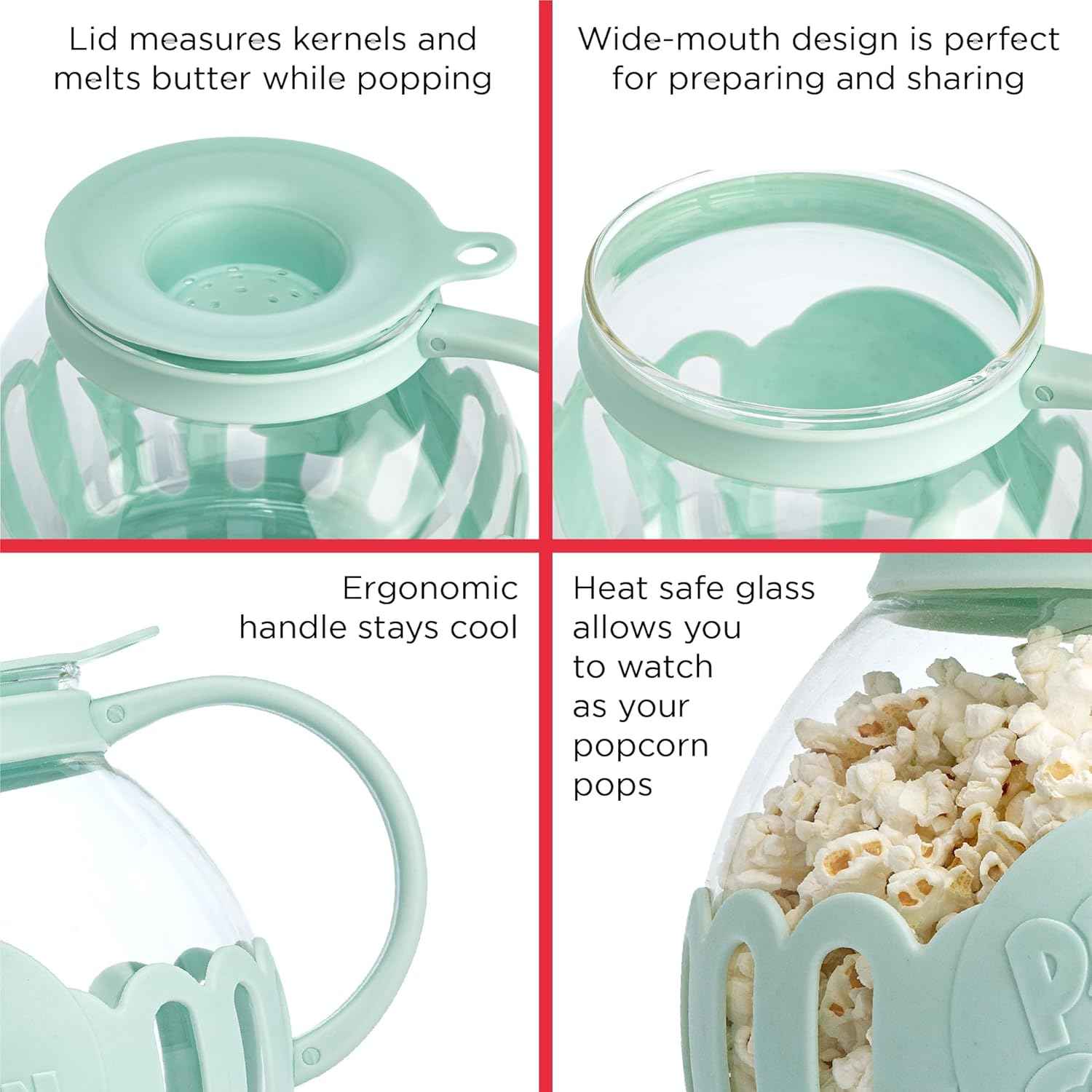 Ecolution Patented Micro-Pop Microwave Popcorn Popper with Temperature Safe Glass, 3-in-1 Lid Measures Kernels and Melts Butter, Made Without BPA, Dishwasher Safe, 1.5-Quart, Aqua