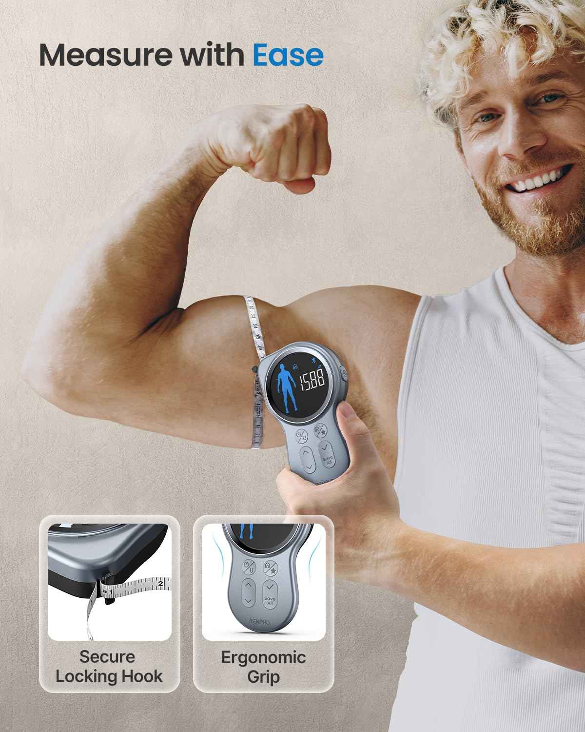 RENPHO Smart Tape Measure with Large Display, Bluetooth Body Measuring Tape with App for Weight Loss, Fitness Shape, Measure Circumference Length