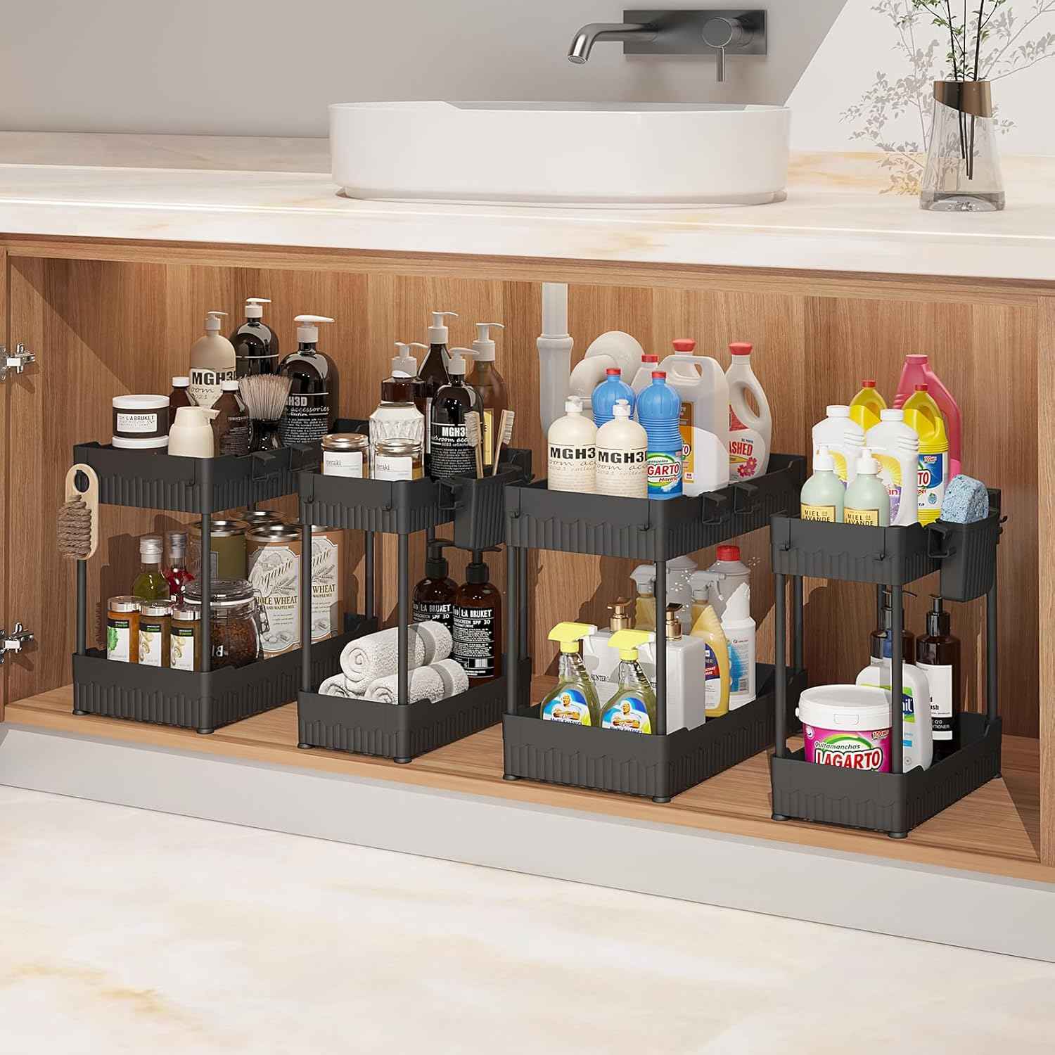 3 Pack Multi-Purpose Under Sink Organizers and Storage, 2026 L-Shaped Pull Out Cabinet Organizer for Bathroom & Kitchen, Under Cabinet Organizer with Hooks Hanging Cup, Black