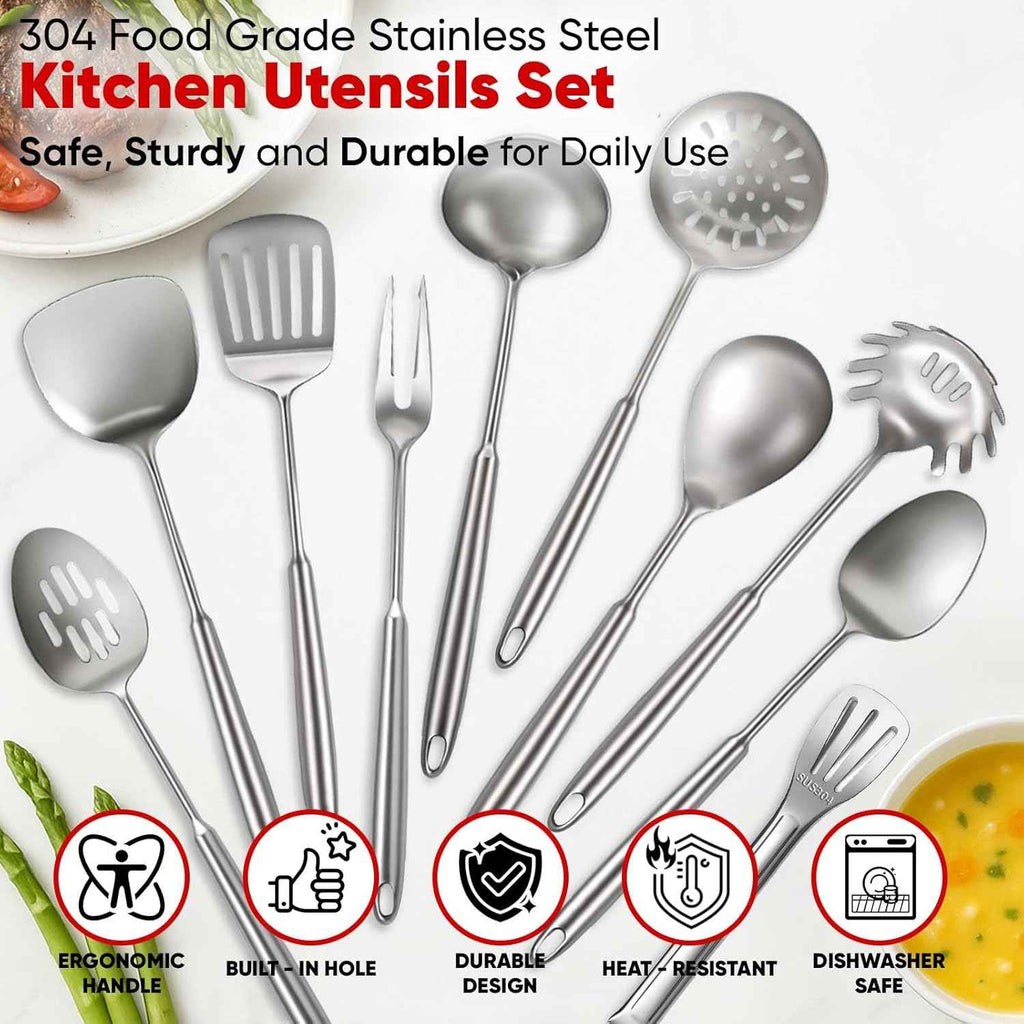 Newness 16 Pcs Cooking Utensils Set, 304 Stainless Steel Kitchen Utensils Set, Metal Kitchen Accessories, Include Soup Ladle, Slotted Skimmer Spoon, Spaghetti Spoon and Spatula, Dishwasher Safe