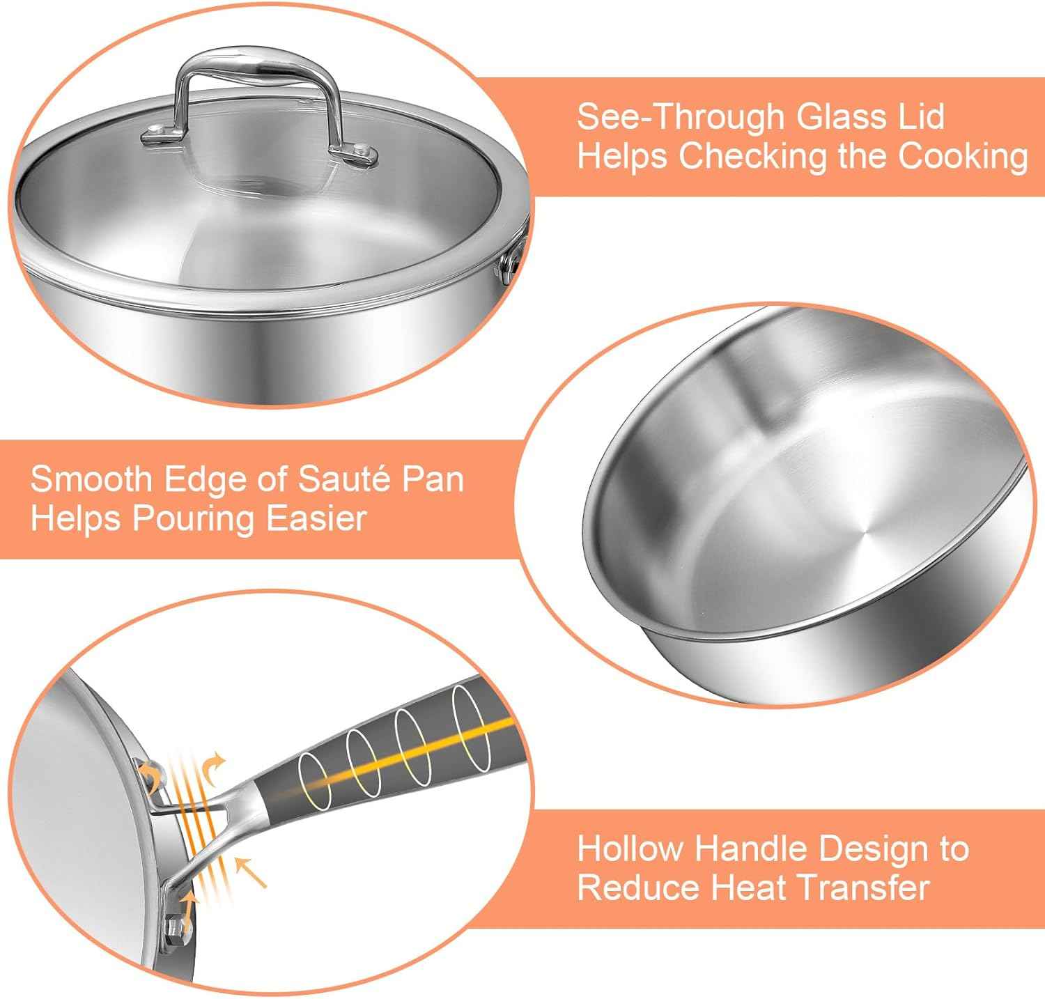 EWFEN 12 Inch Tri-Ply Stainless Steel Frying Pan, Compatible with All Cooktops Up to 600℉, Large Frying Pan with lids, Induction-Ready Skillet, Dishwasher and Oven Safe, Even Heat, 12" Saute Pan+Lid