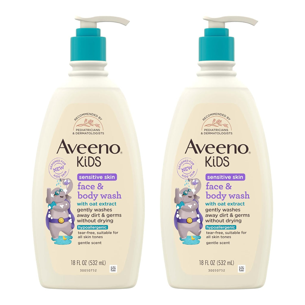 Aveeno Kids Sensitive Skin Face & Body Wash, Oat Extract, Tear-Free, Non-Drying, 18 fl oz Pump Dispenser