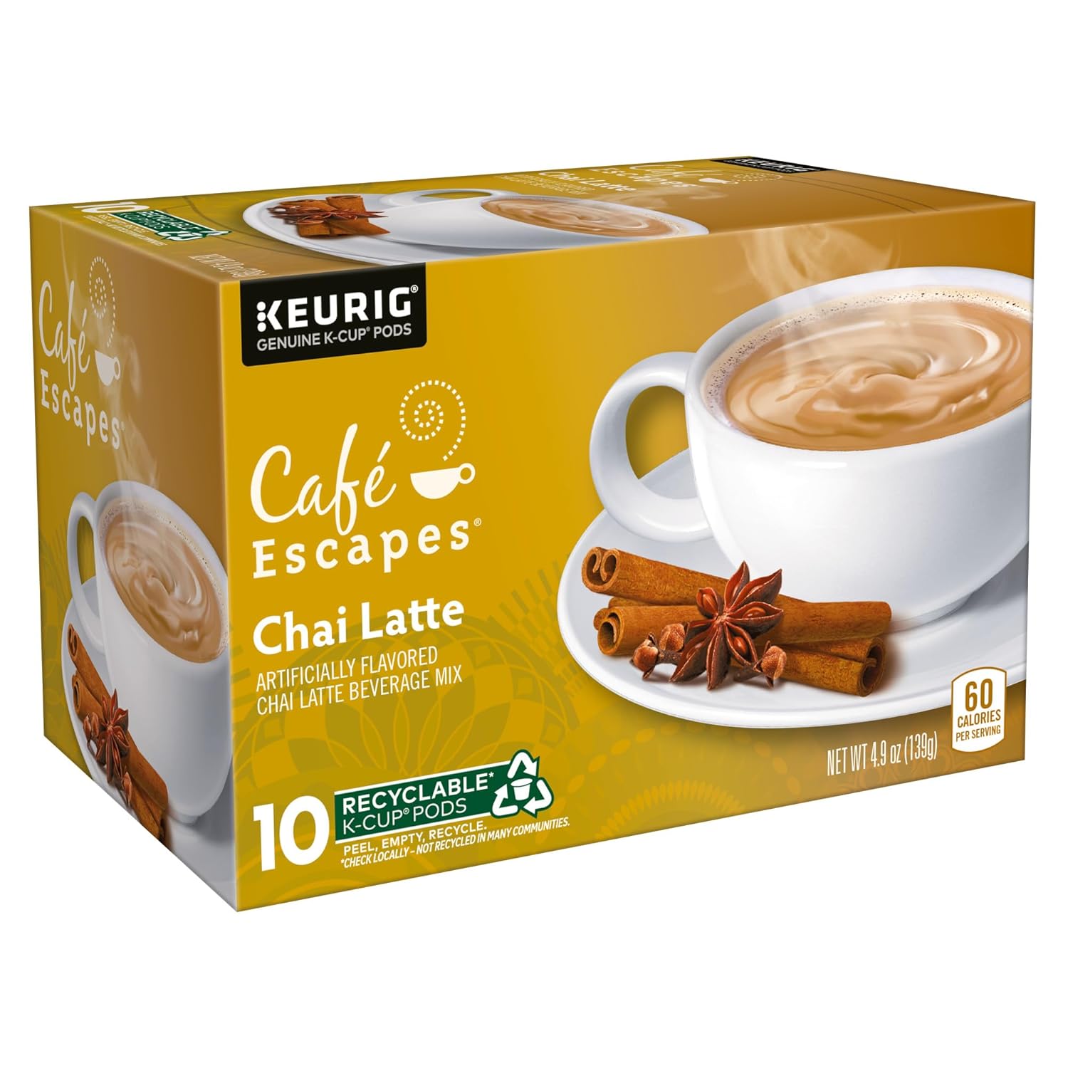 Café Escapes Chai Latte single-serve K-cup pods in 60 count box, low caffeine, contains milk, black tea and spices