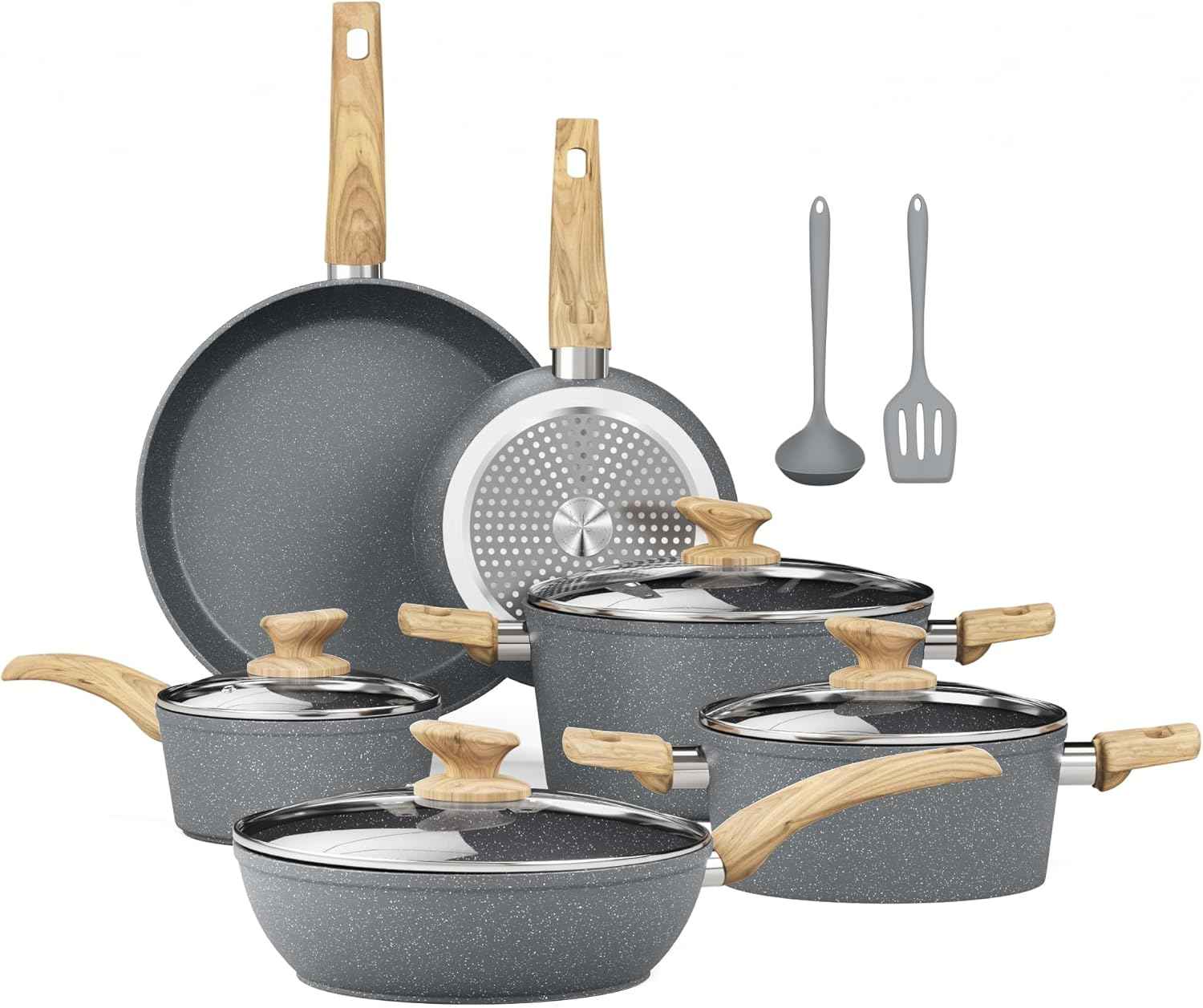 Kitchen Academy Induction Pots and Pans Set Non Stick - 12 Piece Granite Cookware Set, Black Kitchen Nonstick Cooking Pans Set