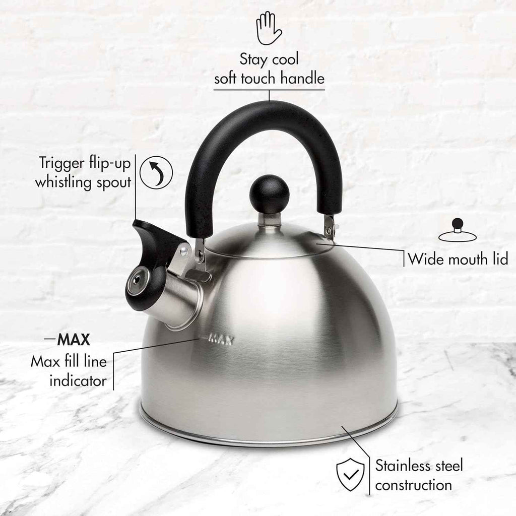 Primula Stewart Whistling Stovetop Tea Kettle, 1.5-Quart, Food Grade Stainless Steel, Hot Water Fast, Cool Touch Folding Handle, Black