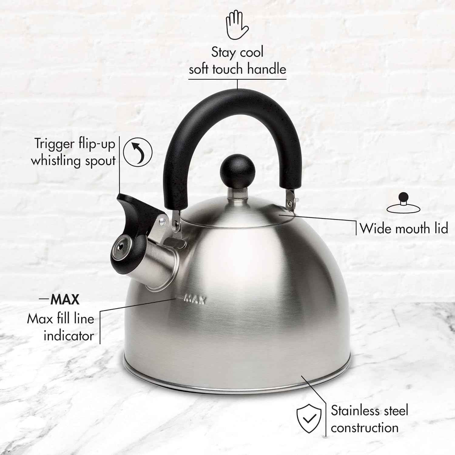 Primula Stewart Whistling Stovetop Tea Kettle, 1.5-Quart, Food Grade Stainless Steel, Hot Water Fast, Cool Touch Folding Handle, Black
