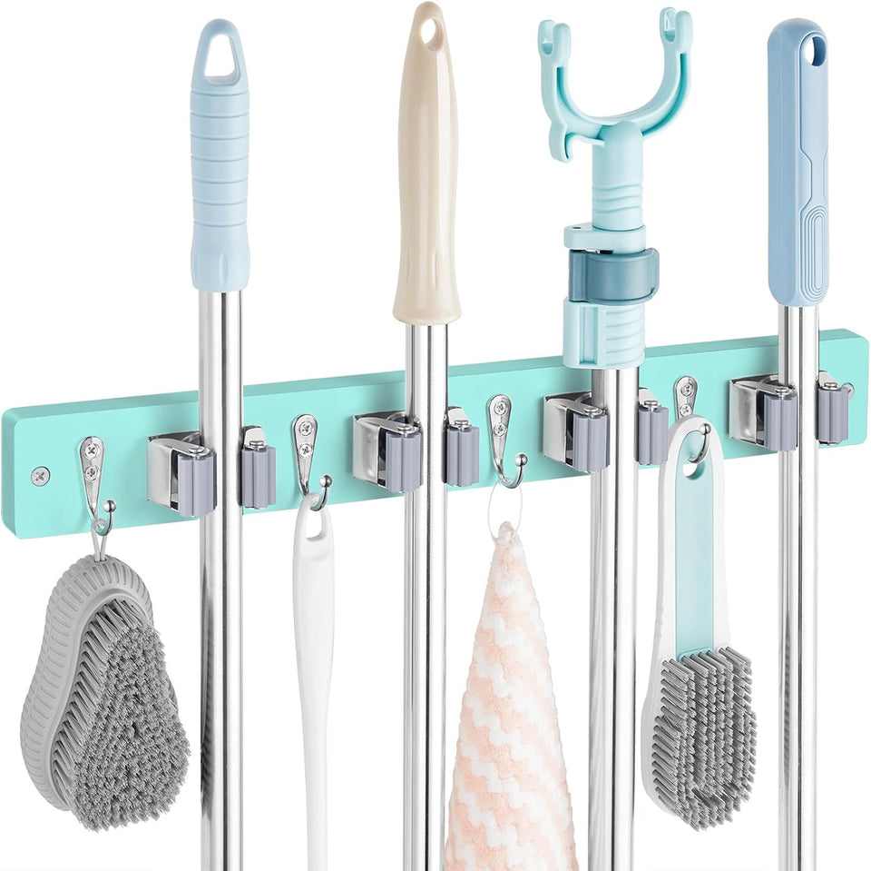 Mop and Broom Holder Wall Mount - Rustic Wood Broom Mop Hanger - Wall Mounted Garden Tool Rack Organizer for Closet Garage Laundry Room Kitchen Decor With 4 Slots & 4 Hooks - ShopUS