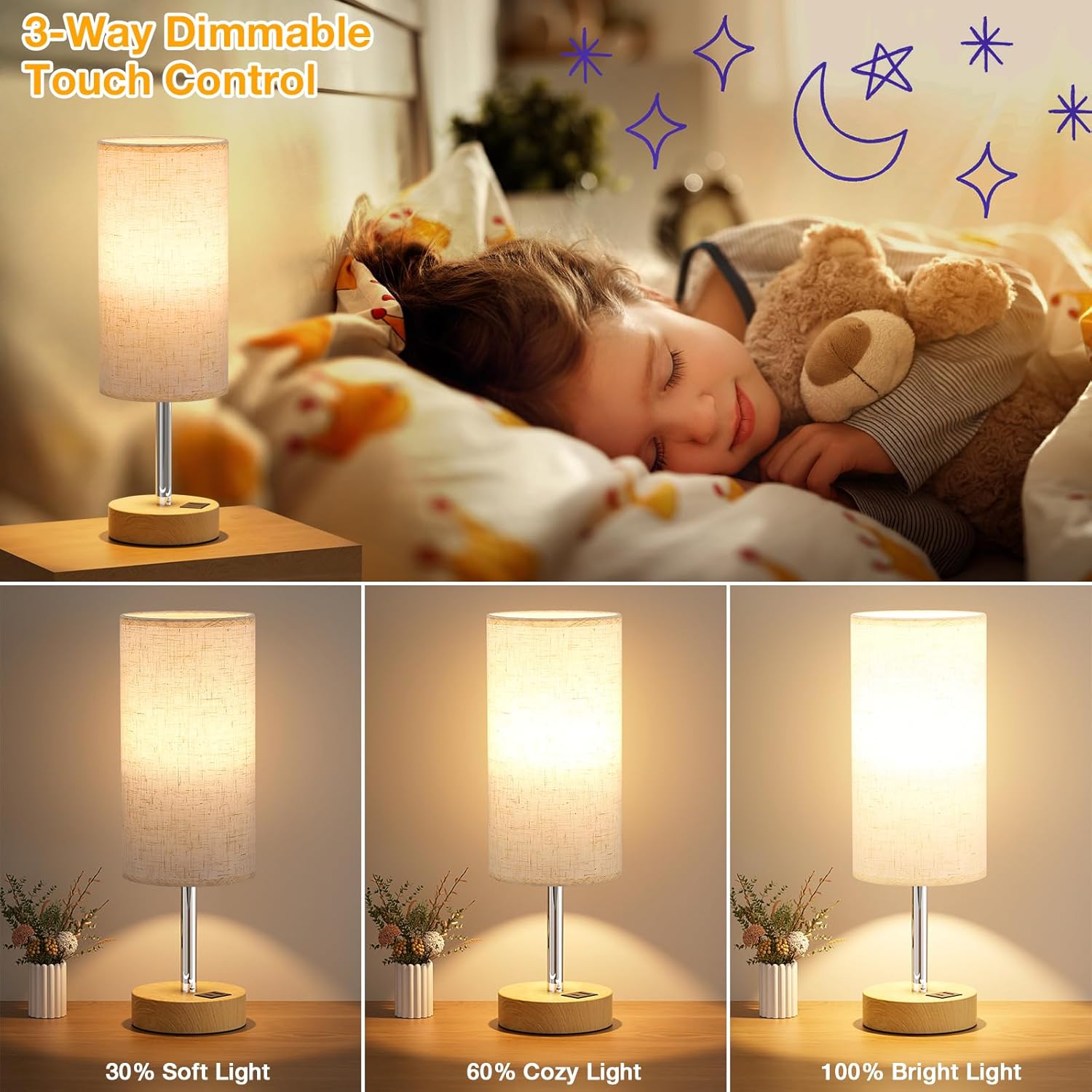 Dicoool Touch Bedside Table Lamp with USB - 3 Way Dimmable Wood Lamp for Bedroom Nightstand, Desk Lamp with Charging Station for Dorm, Living Room, Office, Kids Room, Small, 14in
