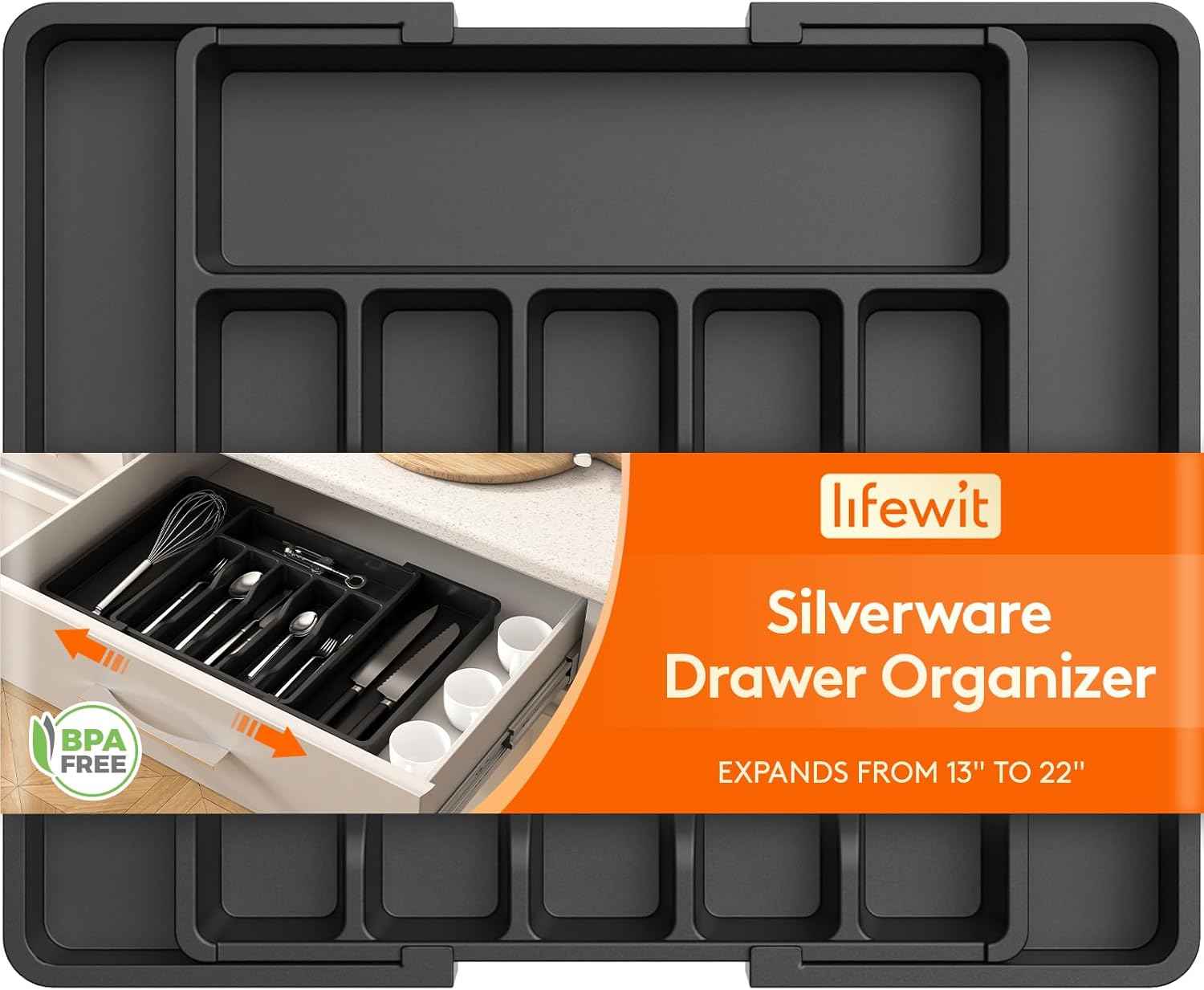 Lifewit Silverware Drawer Organizer, Expandable Utensil Tray for Kitchen, BPA Free Flatware and Cutlery Holder, Adjustable Plastic Storage for Spoons Forks Knives, 8.5-14 x 12", Black