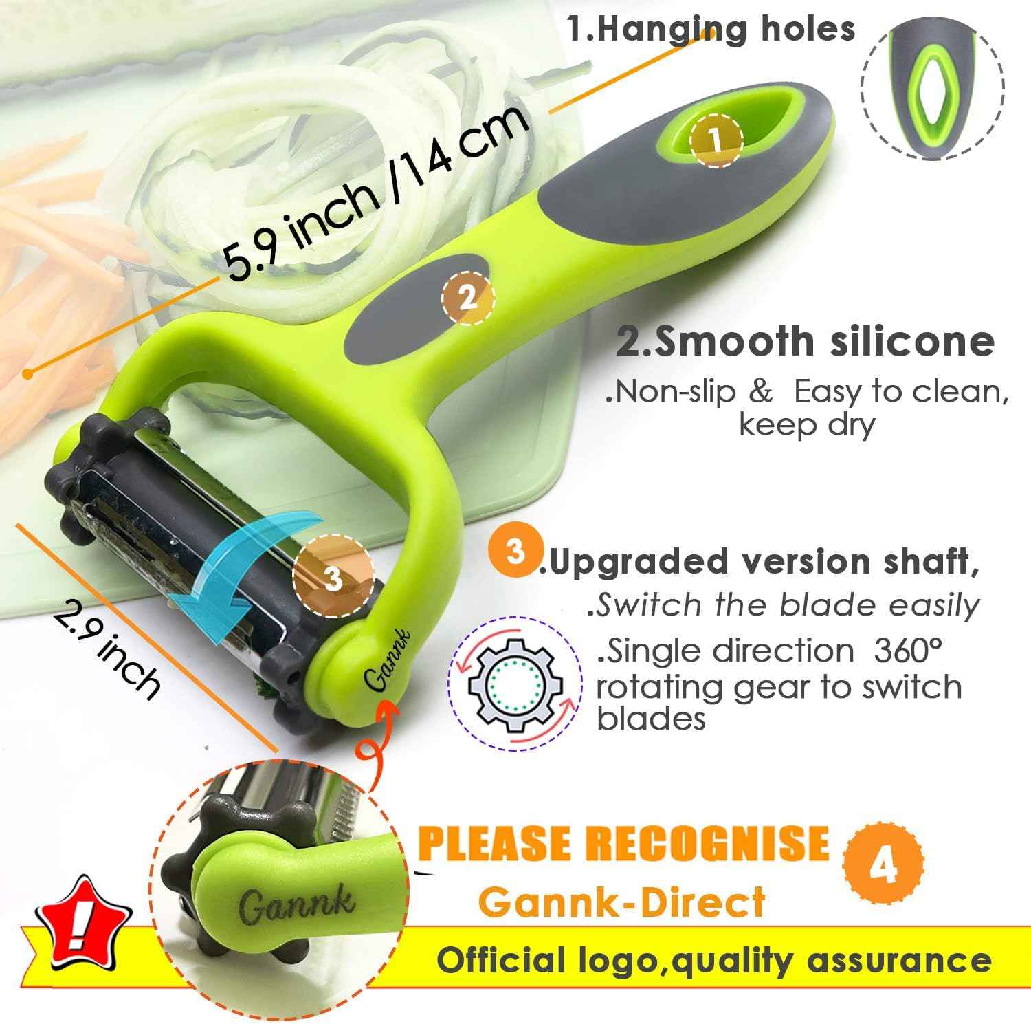 GANNK 3 in 1 Blade Spin Design Potato Apple Vegetable Peelers for Kitchen, I and Y Peelers for Fruit Veggie Potatoes Carrot Cucumber