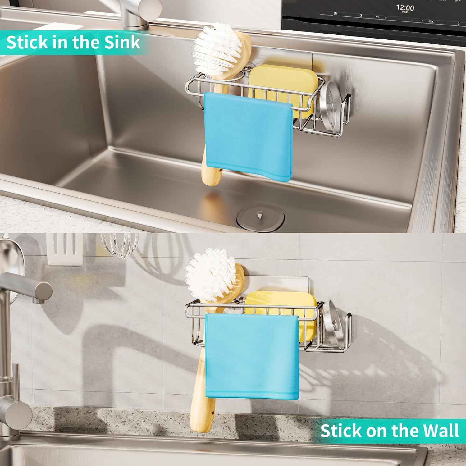 HapiRm 4 in 1 Sink Caddy Sponge Holder, SUS304 Stainless Steel Kitchen Brush Holder + Dish Cloth Hanger + Soap Rack + Sink Stopper Rack + Sponge Caddy for Kitchen - Silver