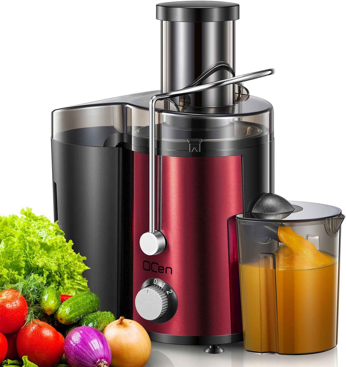 Qcen Juicer Machine, 500W Centrifugal Juicer Extractor with Wide Mouth 3” Feed Chute for Fruit Vegetable, Easy to Clean, Stainless Steel, BPA-free (Black)