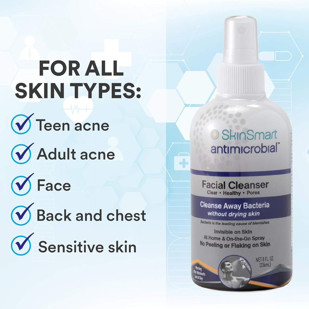 SkinSmart antimicrobial facial cleanser for breakouts and blemishes, with hypochlorous acid formula, 8 oz spray, gentle for all ages and skin types