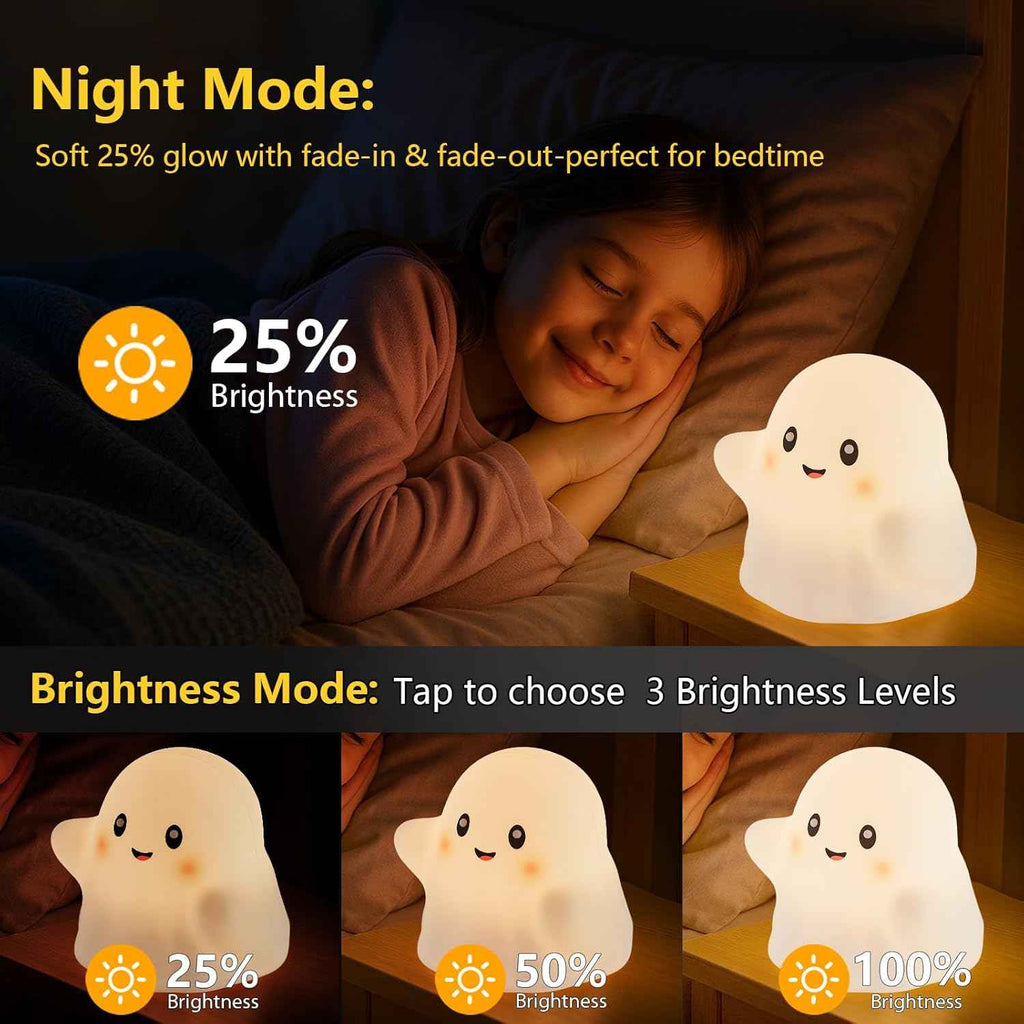 Nextang RGB Ghost Night Light - Soft Squishy Silicone Lamp with Tap Control and Sounds, Dimmable Rechargeable Bedside Lamp for Kids