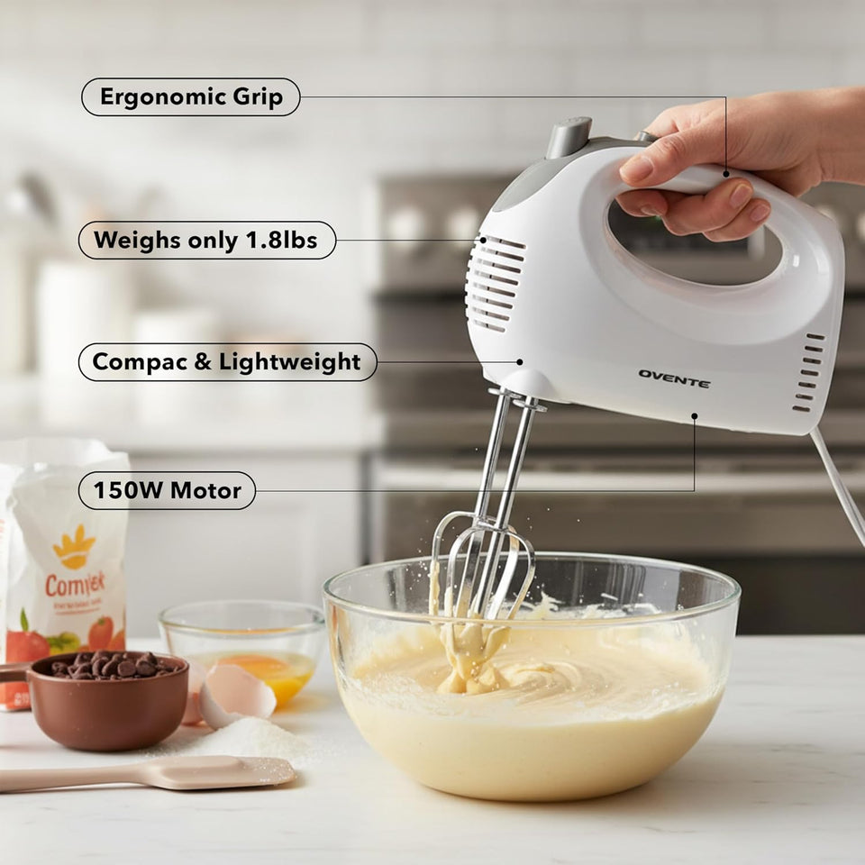 OVENTE 5-Speed Corded Electric Hand Mixer with Stainless Steel Whisks, Compact Portable Design with Snap-On Storage Case,150W Lightweight Handheld Mixer for Baking & Cooking, White HM151W