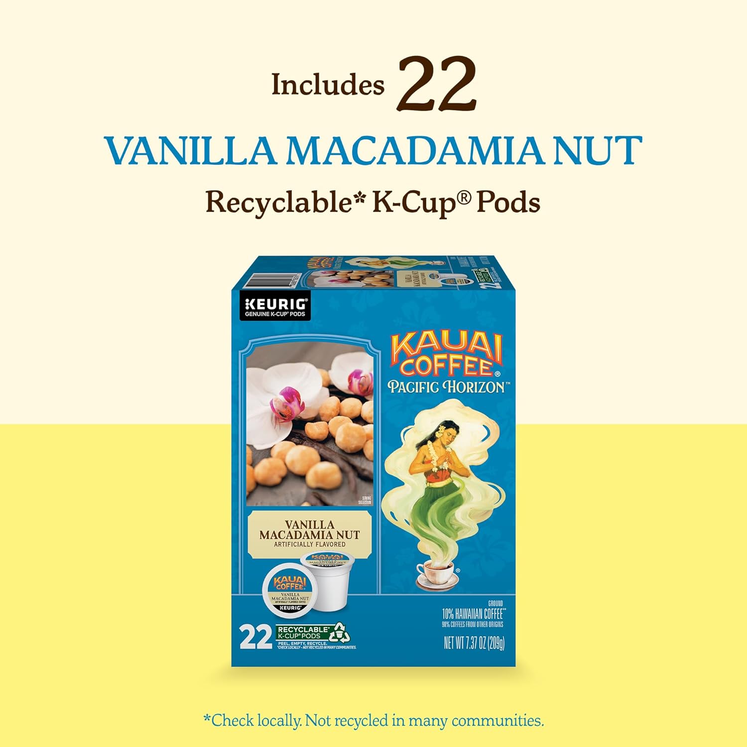 kauai coffee k-cup pods, arabica coffee, 10% hawaiian, medium roast, vanilla beans with toasted macadamia nuts, 22 count