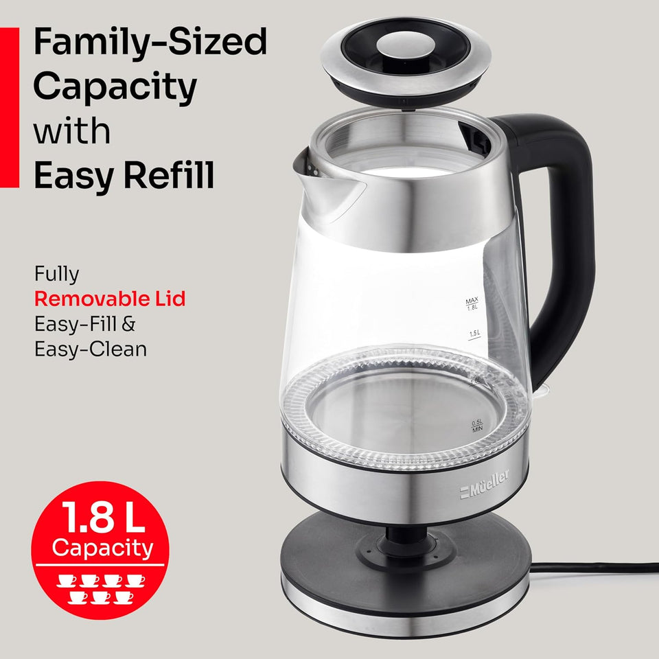 Mueller Rapid Boil Electric Tea Kettle 1.8L – Borosilicate Glass & Stainless Steel – BPA-Free Hot Water Boiler, LED Light, Auto Shut-Off, Boil Dry Protection Fast Water Heater – Kitchen Appliances