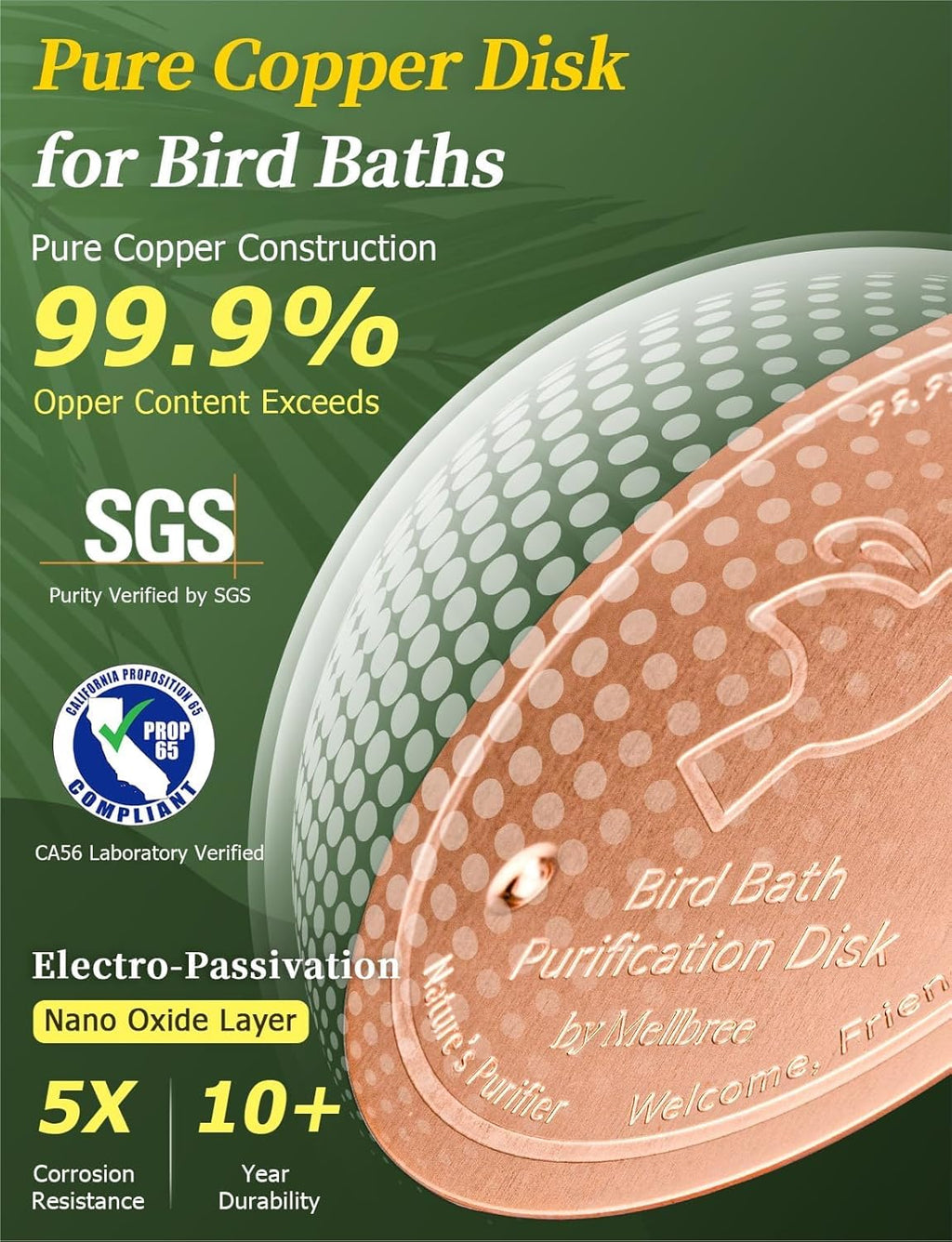 Mellbree Bird Bath Copper Disk, 0.6mm Reinforced 99.99% PLre Copper Cleaning Disk for Physical Safe Clean Water All-Season, Universal Fit for Outdoor Birdbaths, Bowl, Bird Bath Solar