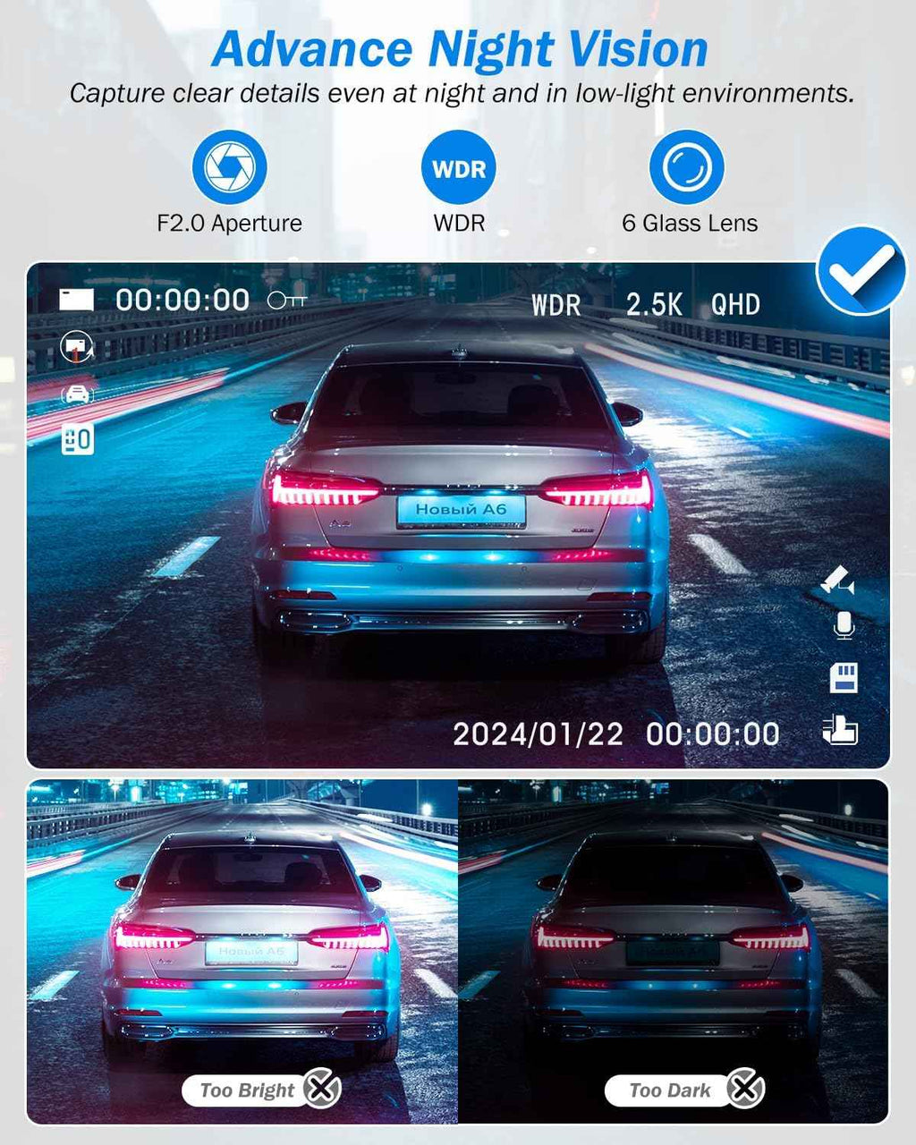 Dash Cam Front and Rear, 2.5K+1440P Triple Car Camera with 32GB Card, 3 Channel Dash Camera for Cars, G-Sensor, 3.16” IPS Screen, 24Hr Parking, 170°Wide Angle, Loop Recording, IR Night Vision, Blue