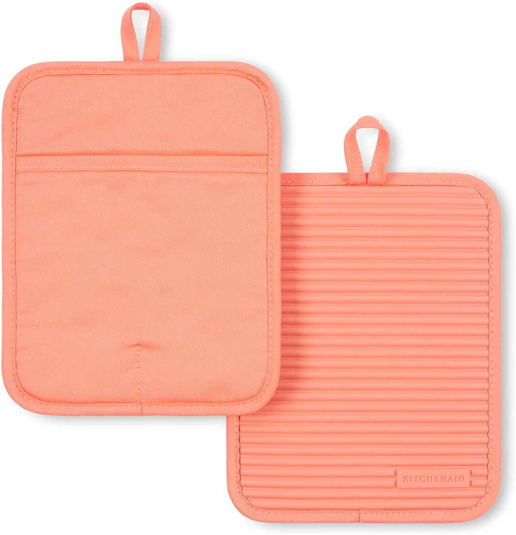 KITCHENAID Ribbed Soft Silicone Pot Holder 2-Pack Set, Matte Black, 7"x9"