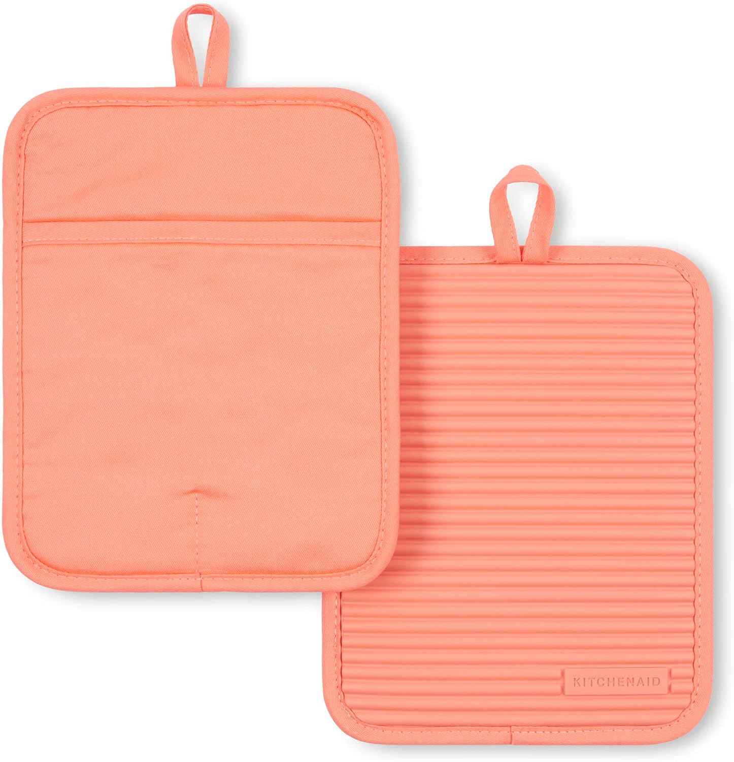 KITCHENAID Ribbed Soft Silicone Pot Holder 2-Pack Set, Matte Black, 7"x9"