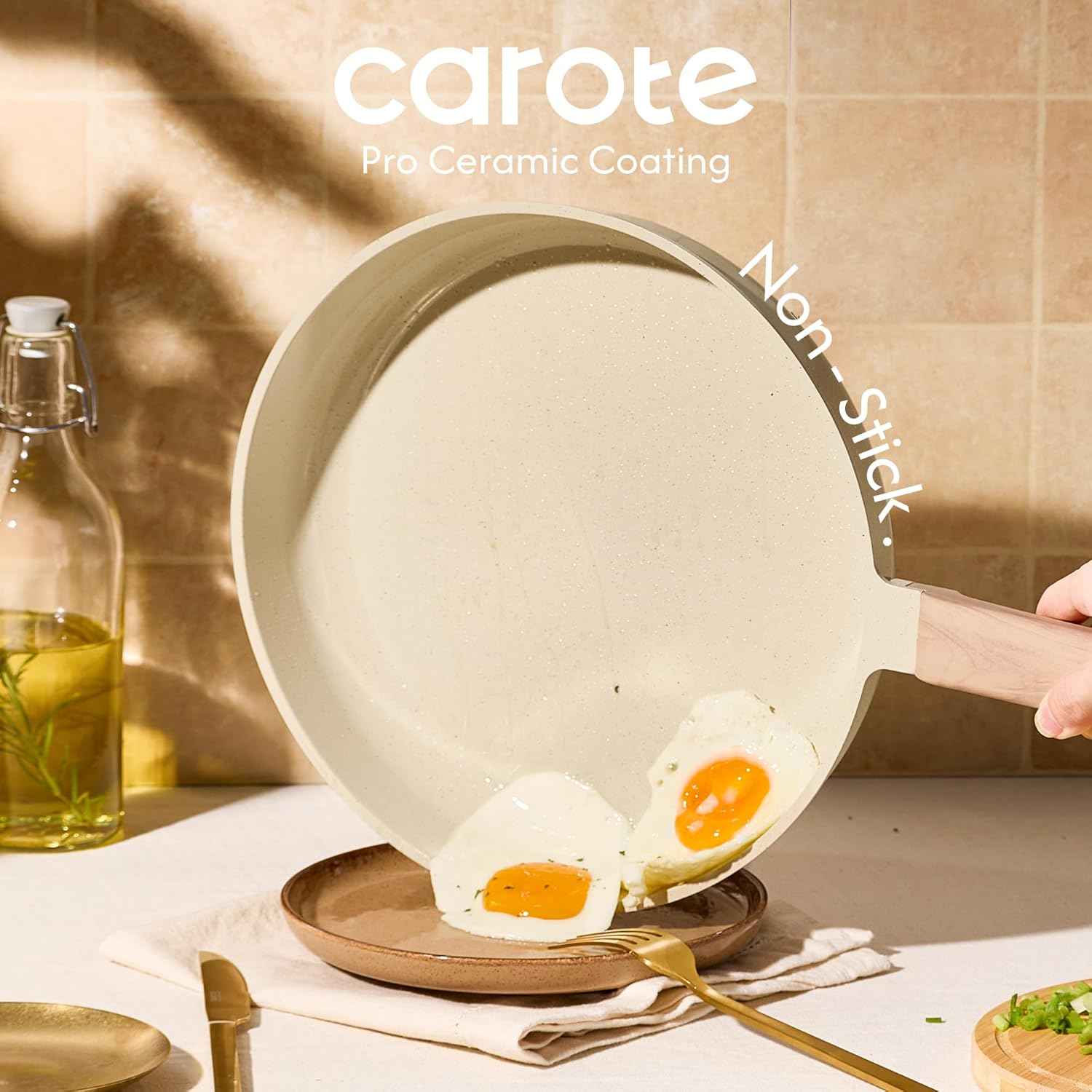 CAROTE 14Pcs Non-stick Ceramic Cookware Set, PFAS and PFOA Free, Kitchen Cooking Essentials
