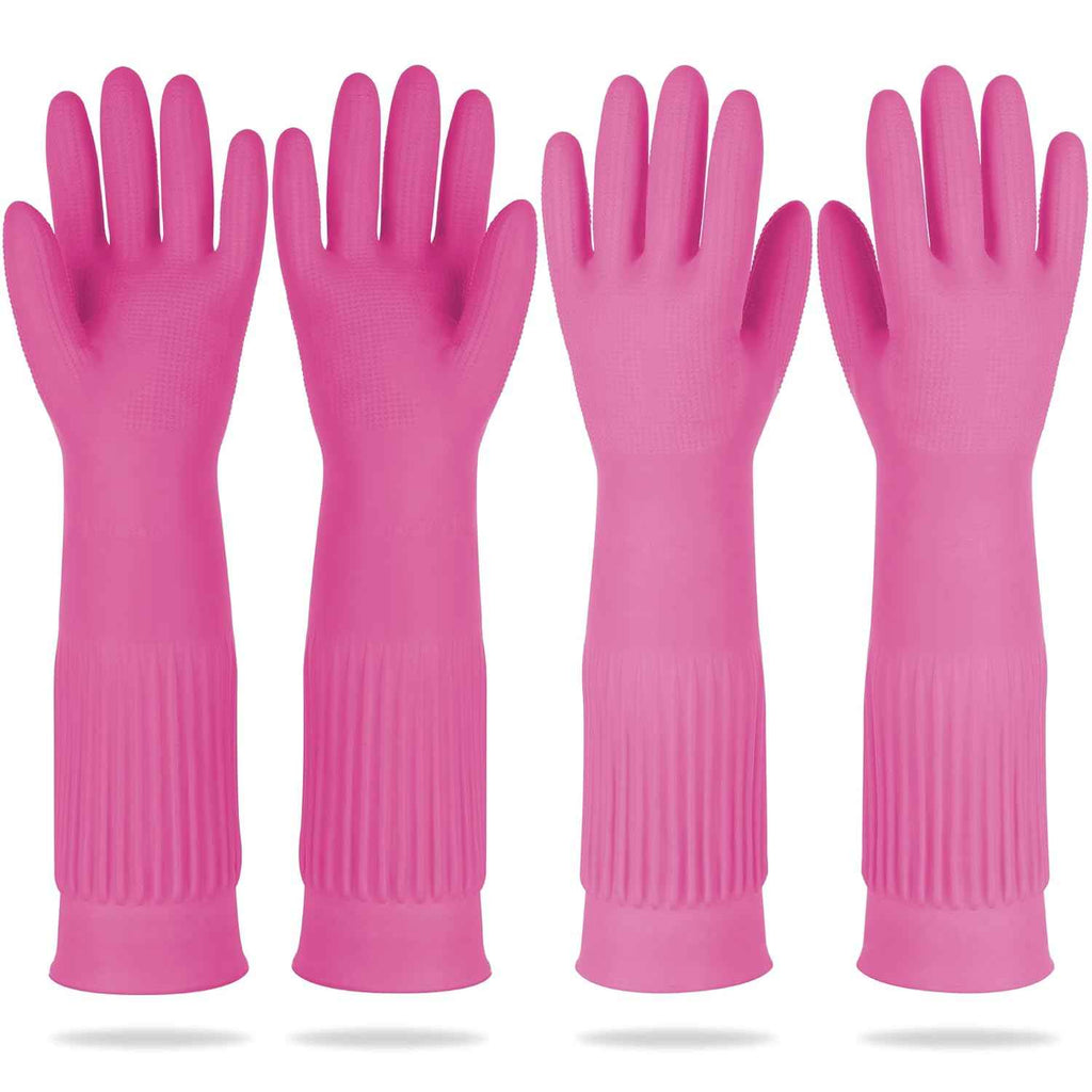 Mamison 2 Pairs Reusable Waterproof Household Dishwashing Cleaning Rubber Gloves, Non-Slip Kitchen Glove (Pink, Medium (Pack of 2))
