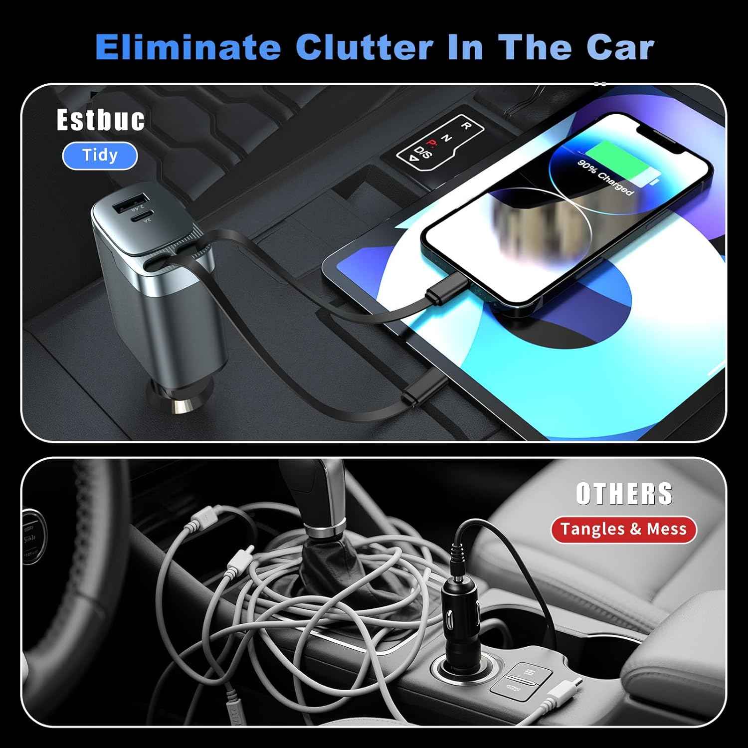84W Car Charger USB C 4 in 1, Retractable Fast Charging Car Adapter for iPhone 17 16 15