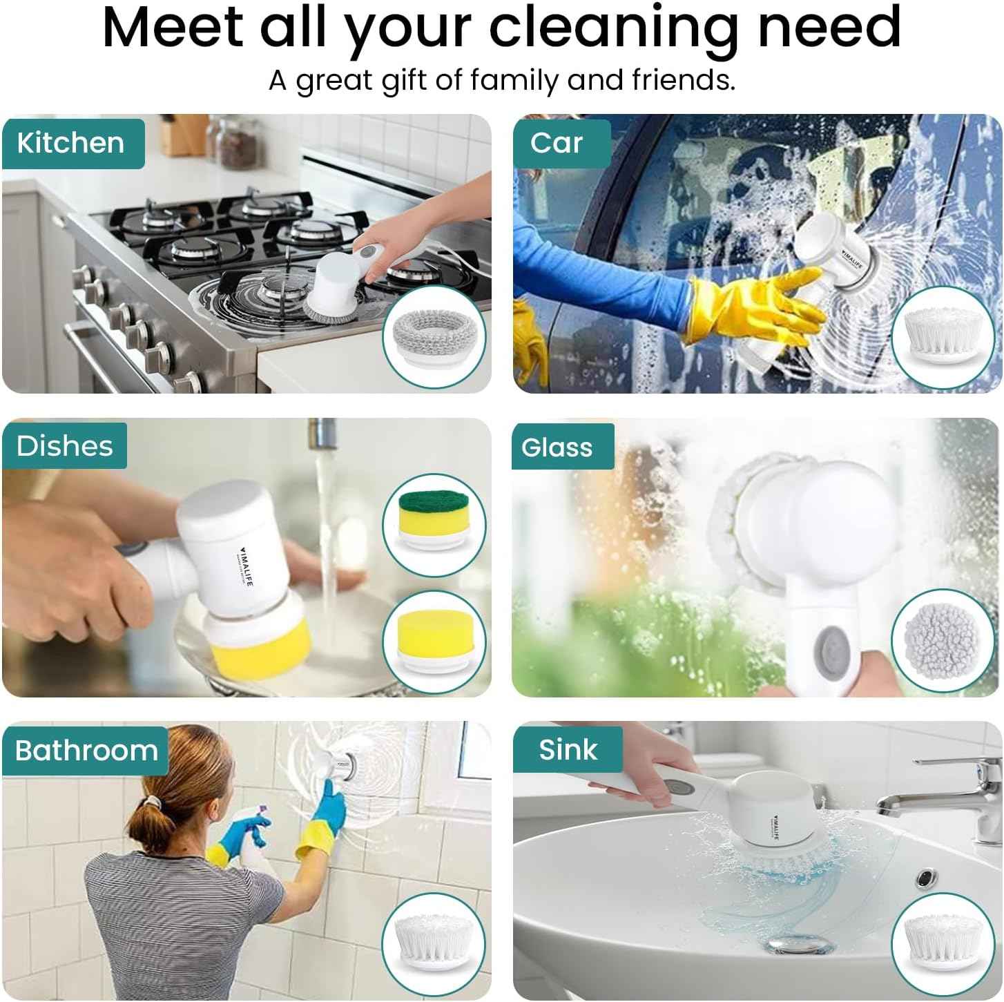 VIMALIFE Electric Spin Scrubber - Cordless, IPX6 Waterproof, 5 Replaceable Heads for Bathroom, Tiles, Car Wash, Kitchen Cleaning