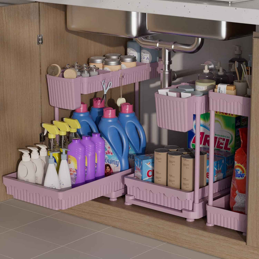 3 Pack Multi-Purpose Under Sink Organizers and Storage, 2026 L-Shaped Pull Out Cabinet Organizer for Bathroom & Kitchen, Under Cabinet Organizer with Hooks Hanging Cup, Black