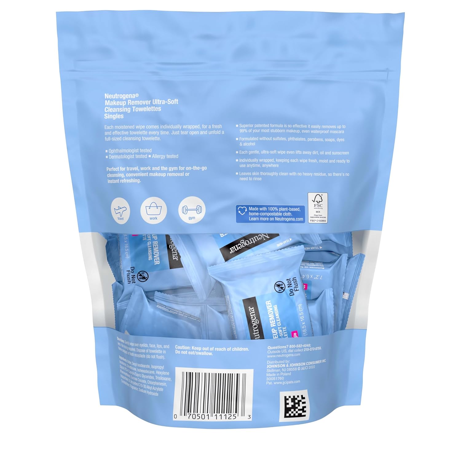 Neutrogena daily makeup remover wipes, 20 count, single face cleansing towelettes, alcohol-free, 100% plant-based